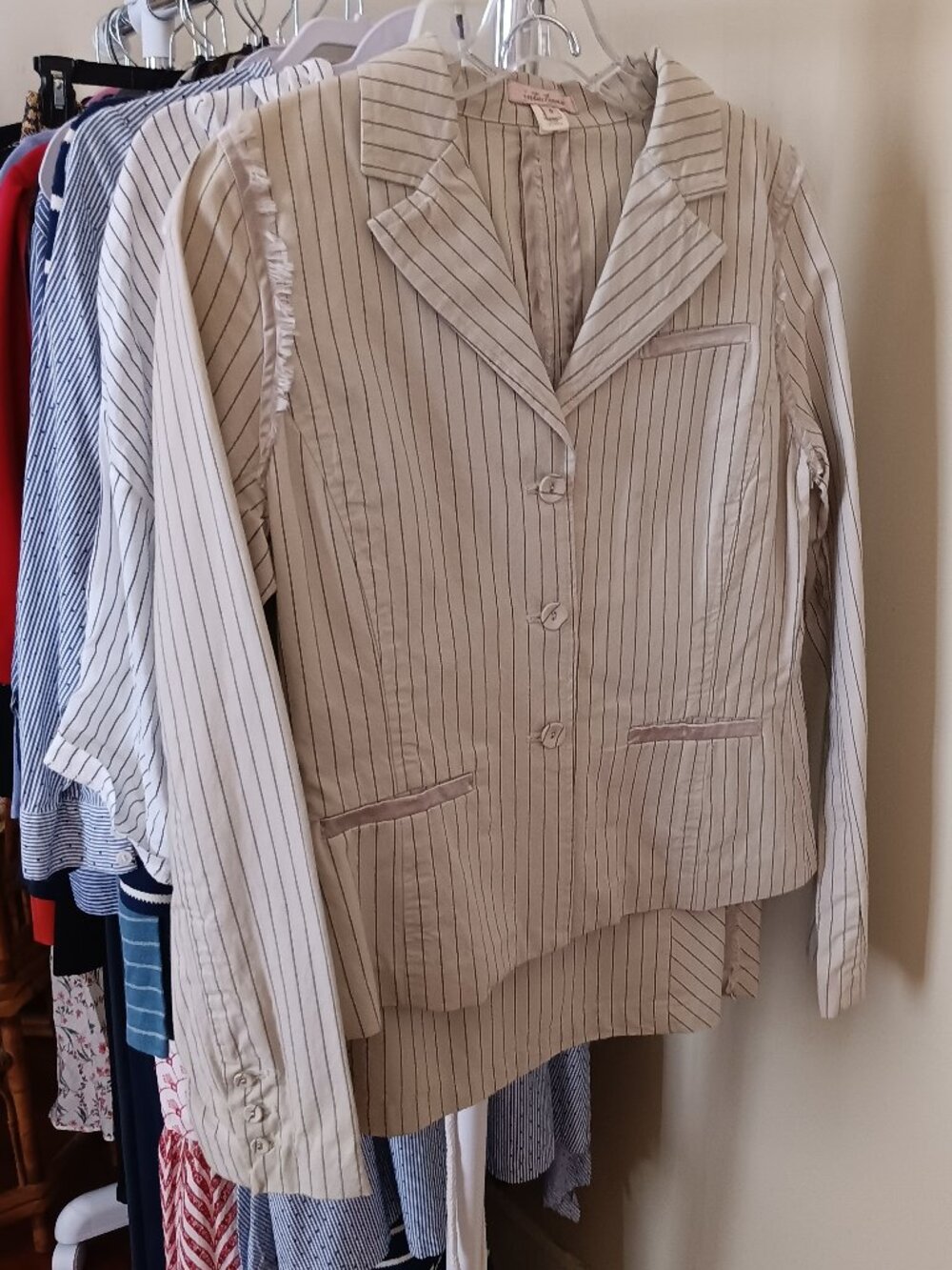 Pre-Loved Striped Cotton Skirt Suit with Fluted Hem Fringe Satin Trim Size 8